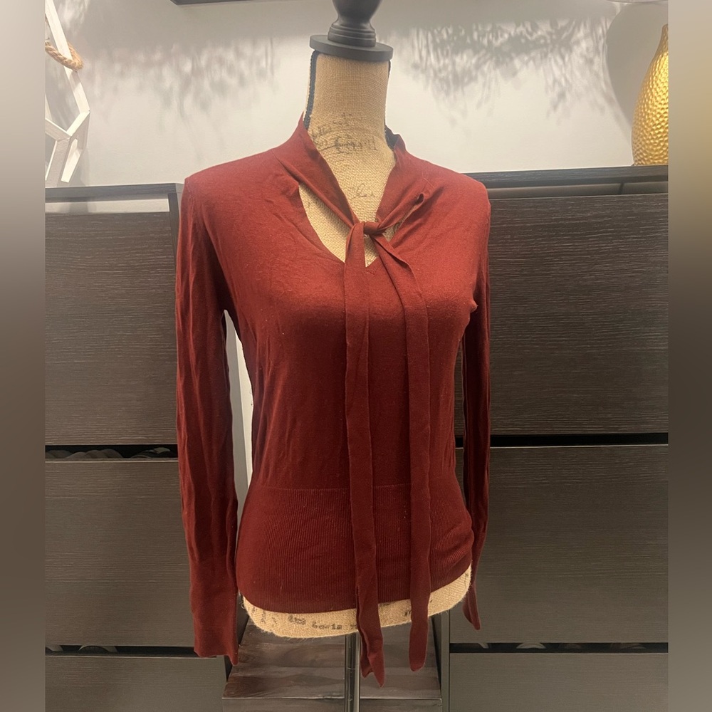H&M thin burgundy sweater, tie front, Small, flattering fit